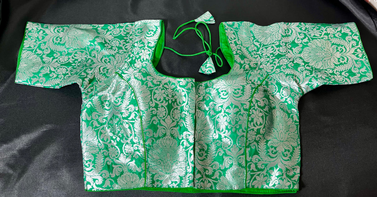 STBL-100 Womens &amp; Girls Designer Readymade Pure Banarasi Blouse with Silver Brocade design(Color:PARROT GREEN)