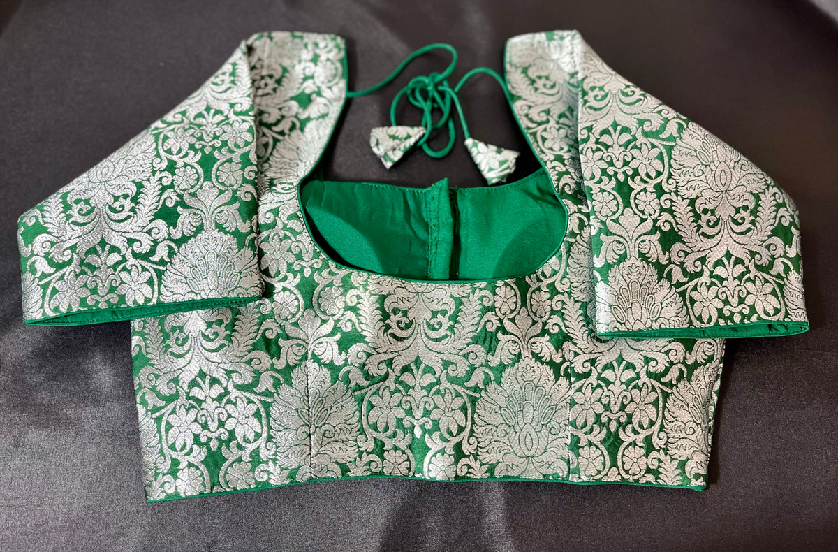STBL-97 Womens &amp; Girls Designer Readymade Pure Banarasi Blouse with Silver Brocade design(Color: Green)