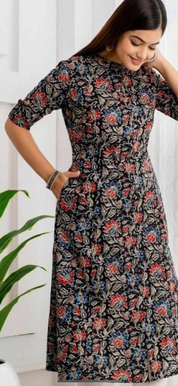 STK372-Aline printed cotton kalamkari kurti with pockets