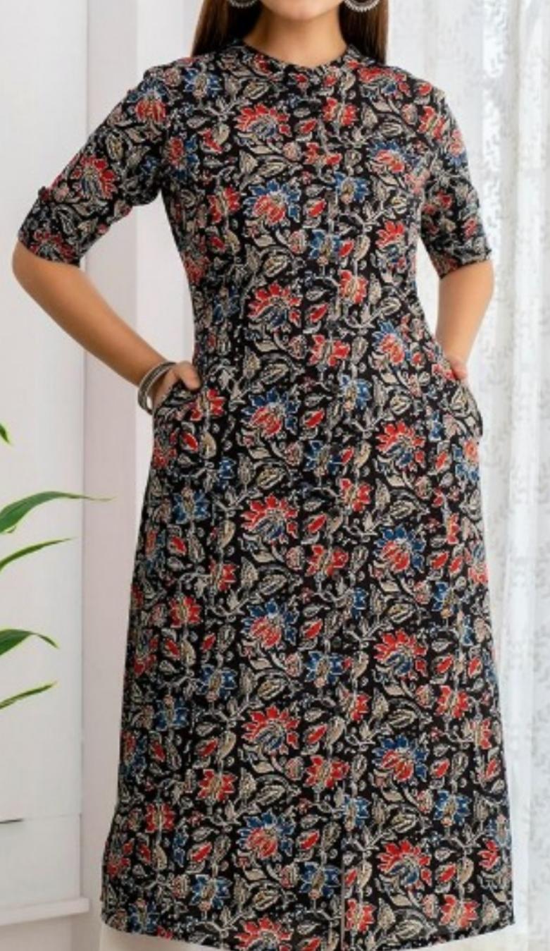 STK372-Aline printed cotton kalamkari kurti with pockets