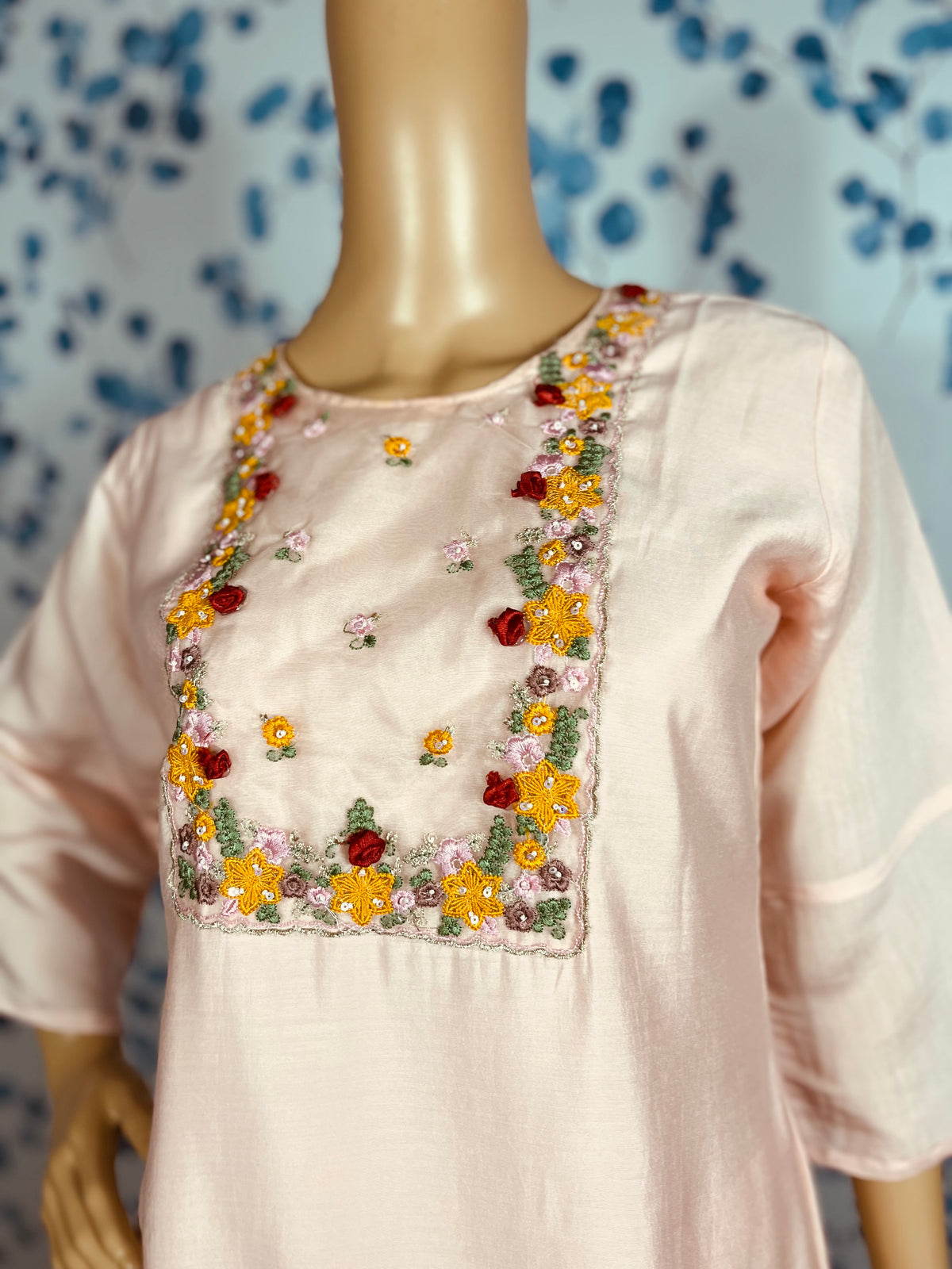 STK373-Roman Silk Kantha Handwork Neckline Embroidery and at Ghera with Orgenza digital Printed Dupatta with Roman Pants(Color: Peach pink)