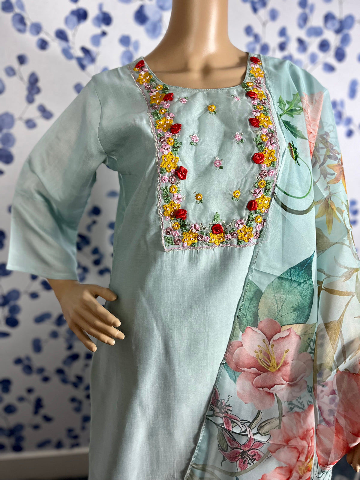 STK374-Roman Silk Kantha Handwork Neckline Embroidery and at Ghera with Orgenza digital Printed Dupatta with Roman Pants(Color: Light Pistachio Green)