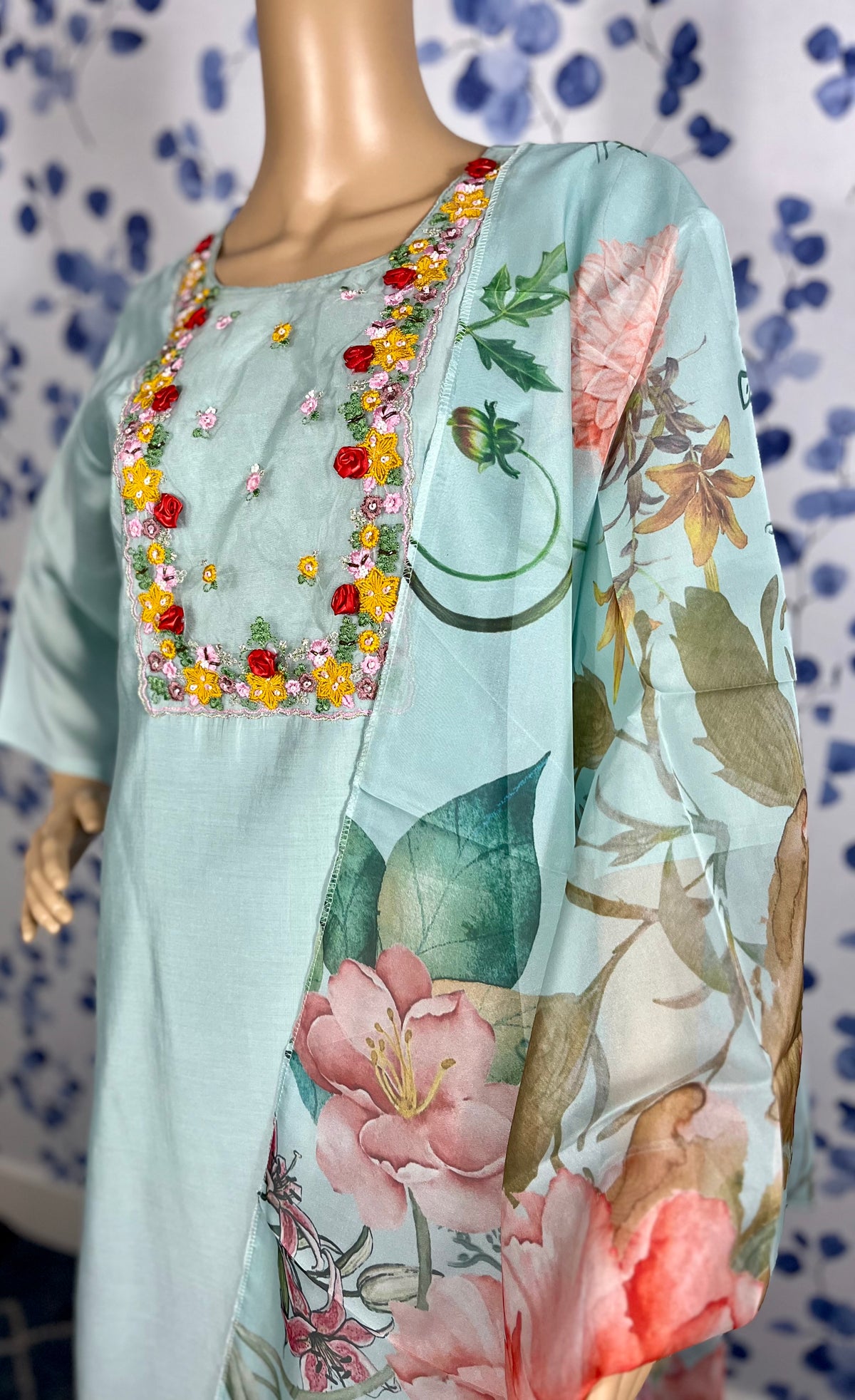 STK374-Roman Silk Kantha Handwork Neckline Embroidery and at Ghera with Orgenza digital Printed Dupatta with Roman Pants(Color: Light Pistachio Green)
