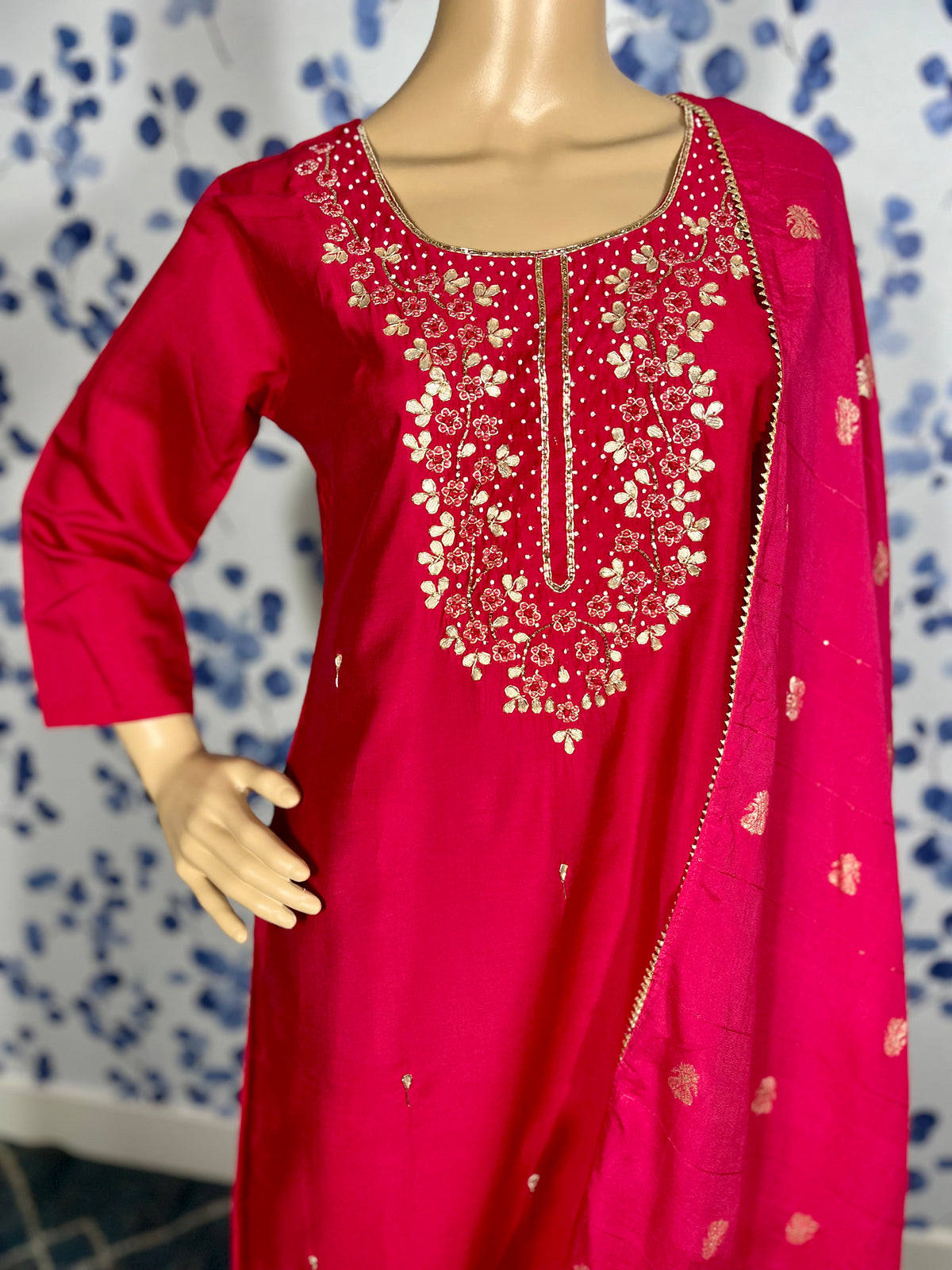 STK376-Roman Silk Heavy Handwork Neckline with Designer Banarasi dupatta with Roman Silk Pants(Color: Red Pink)
