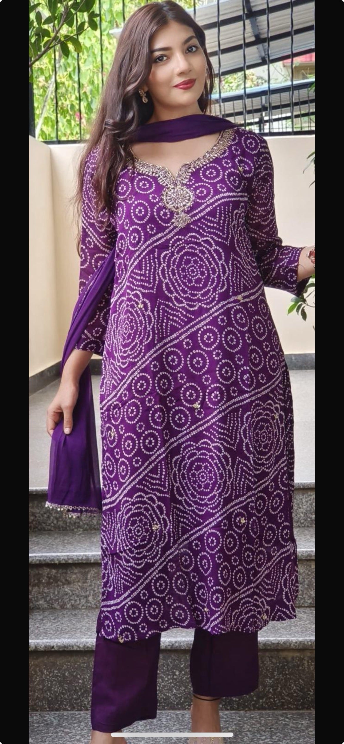 STK403-Fabric Chinon Embroidery neck a line kurta pant with Chiffon dupatta