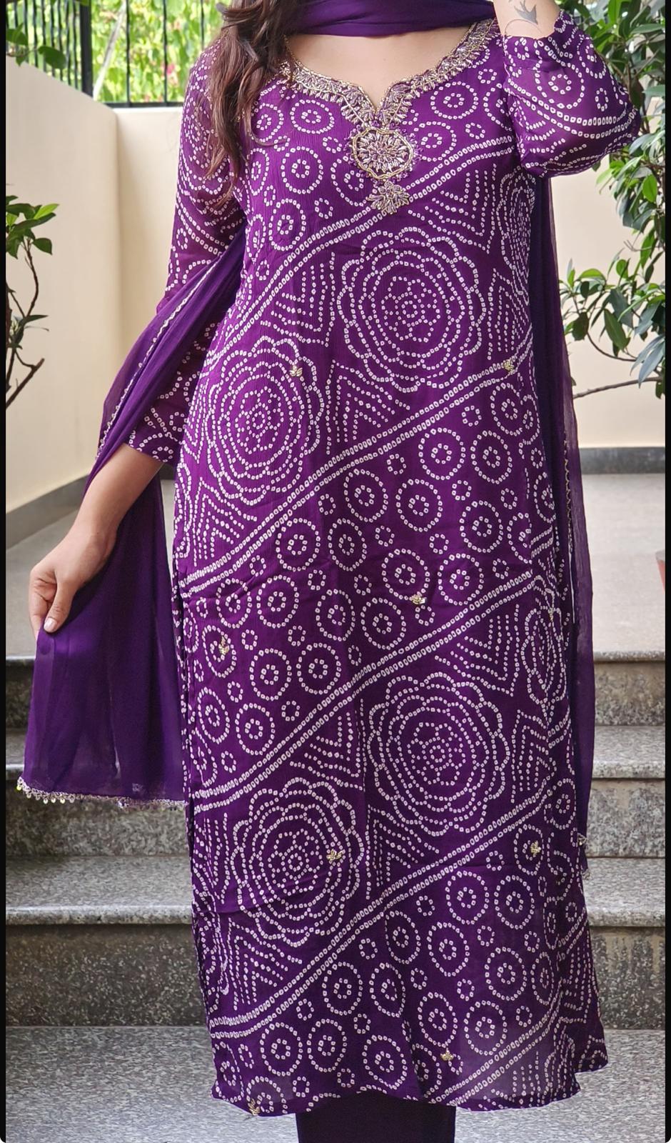 STK403-Fabric Chinon Embroidery neck a line kurta pant with Chiffon dupatta