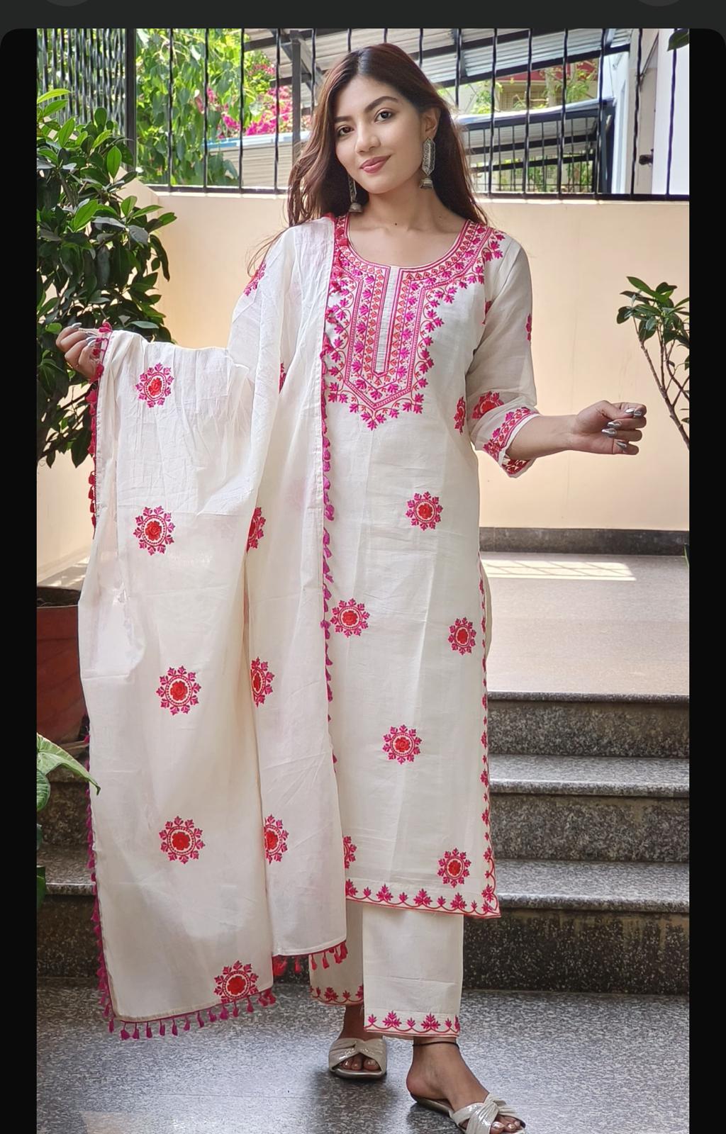 STK405-Premium fabric cotton embroidery kurta pant with dupatta