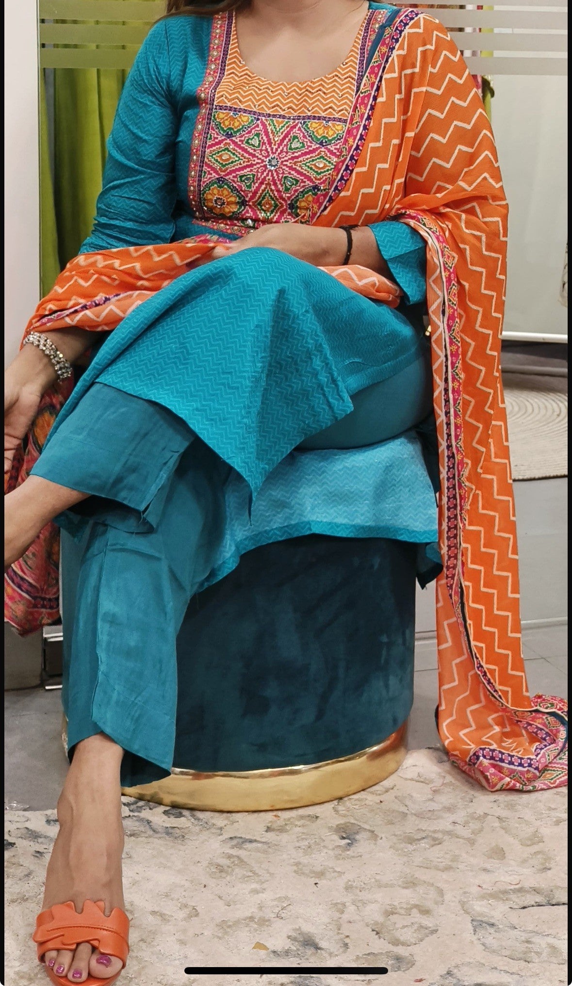 STK406-Premium mul dola silk embroidery kurta pant with chinon dupatta