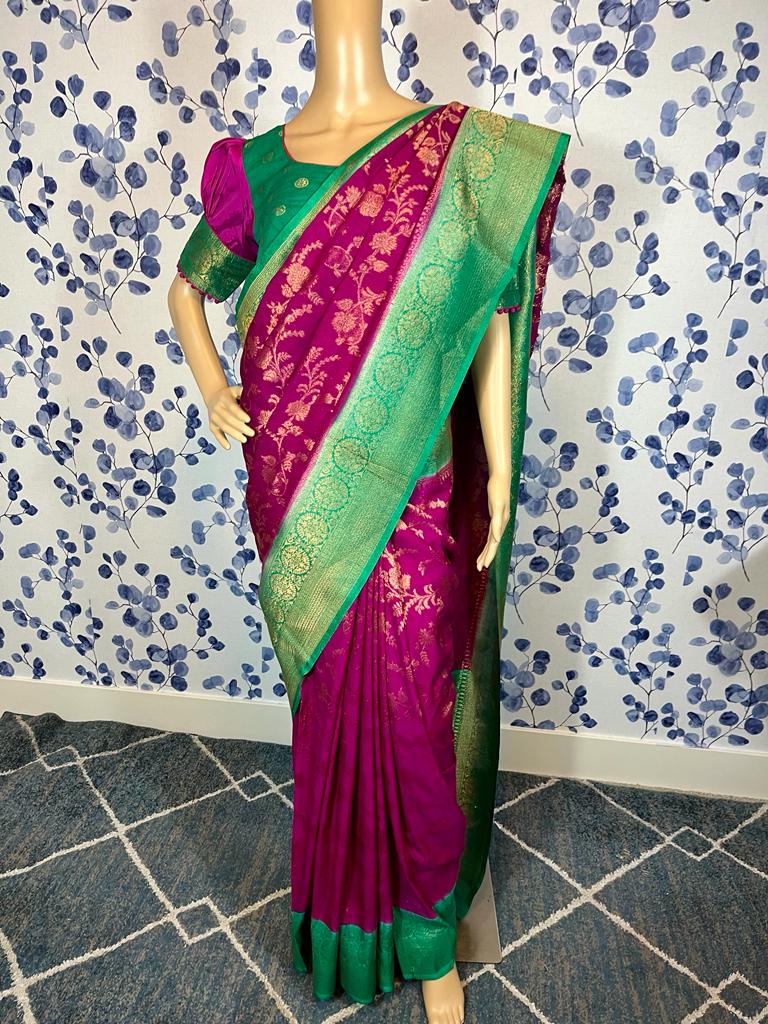 STS-17 Pure Georgette Banarasi Saree all over copper brocade design along with stitched Blouse
