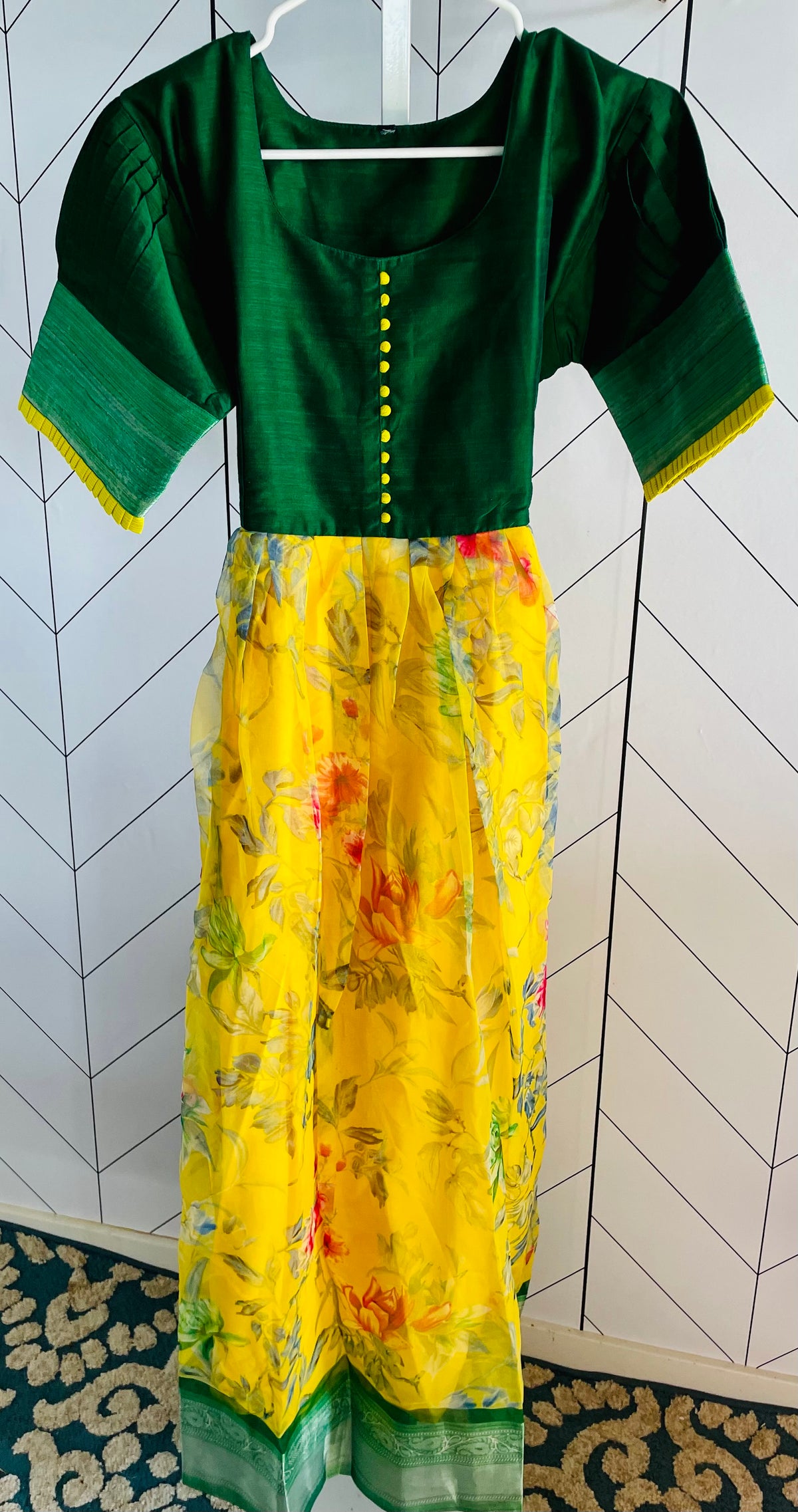 Green and yellow Kurti with pant/palazzo & dupatta - ELZ Fashions - suit