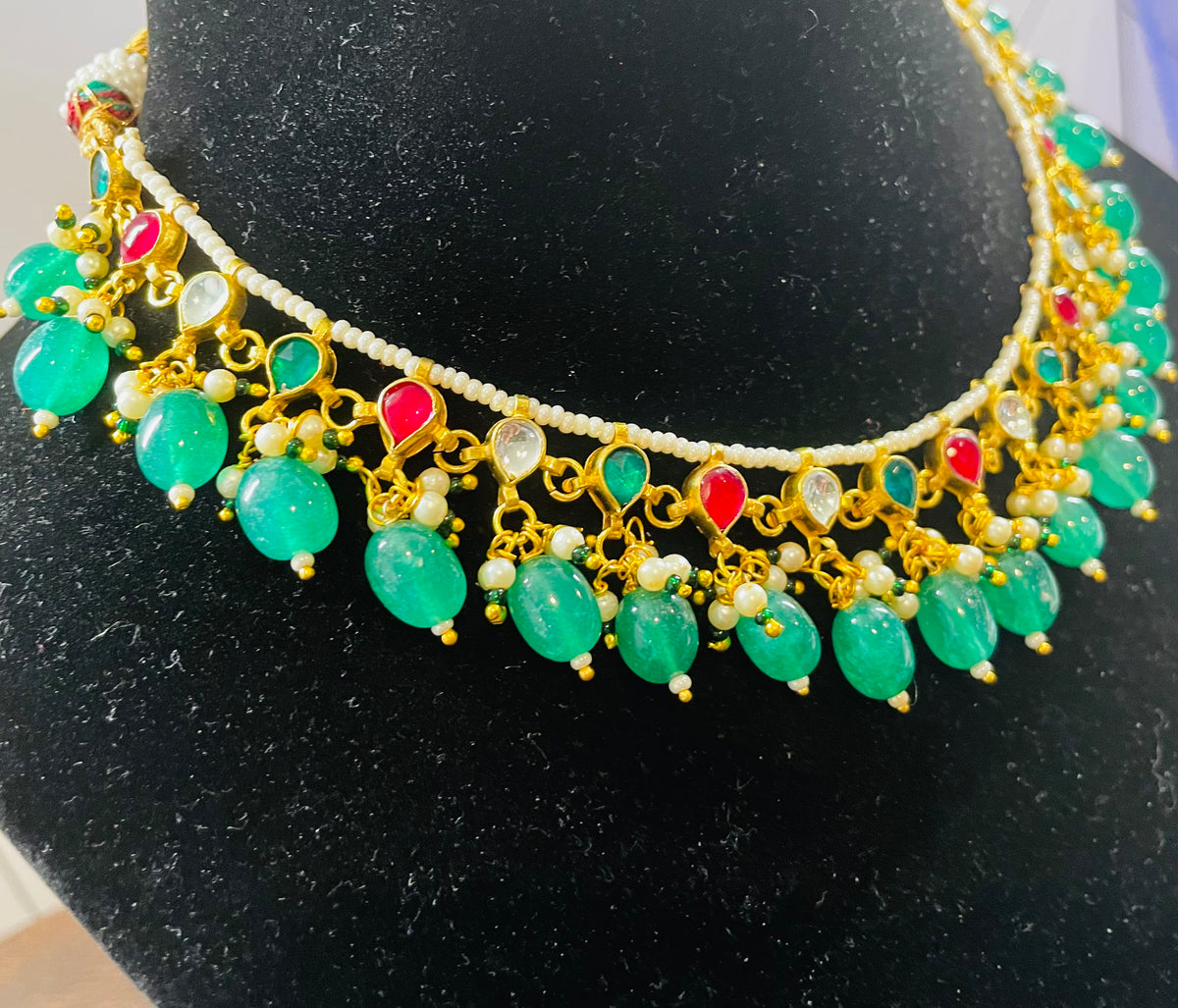 STN04-Pachi Kundan Pearl &amp; Emerald Necklace Set