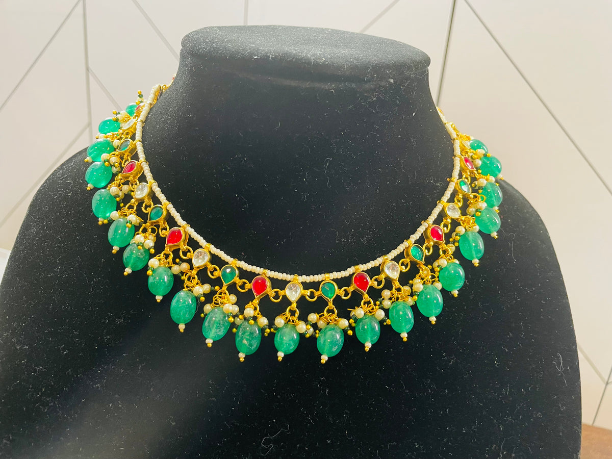 STN04-Pachi Kundan Pearl &amp; Emerald Necklace Set