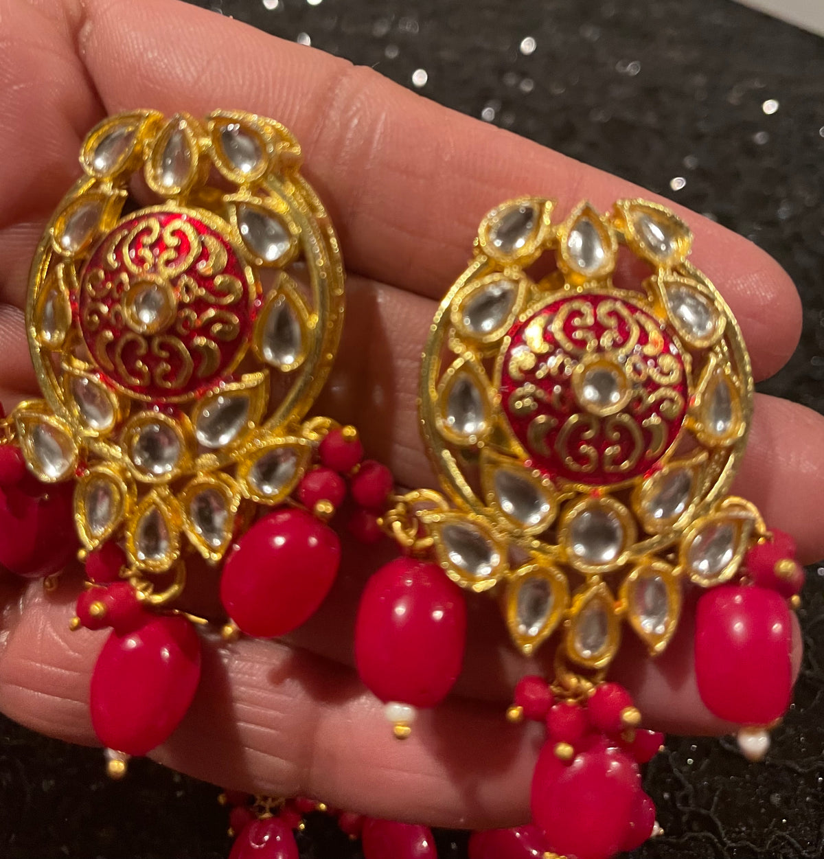 STN12-Kundan 5 Line Red Ruby Necklace set with Earrings