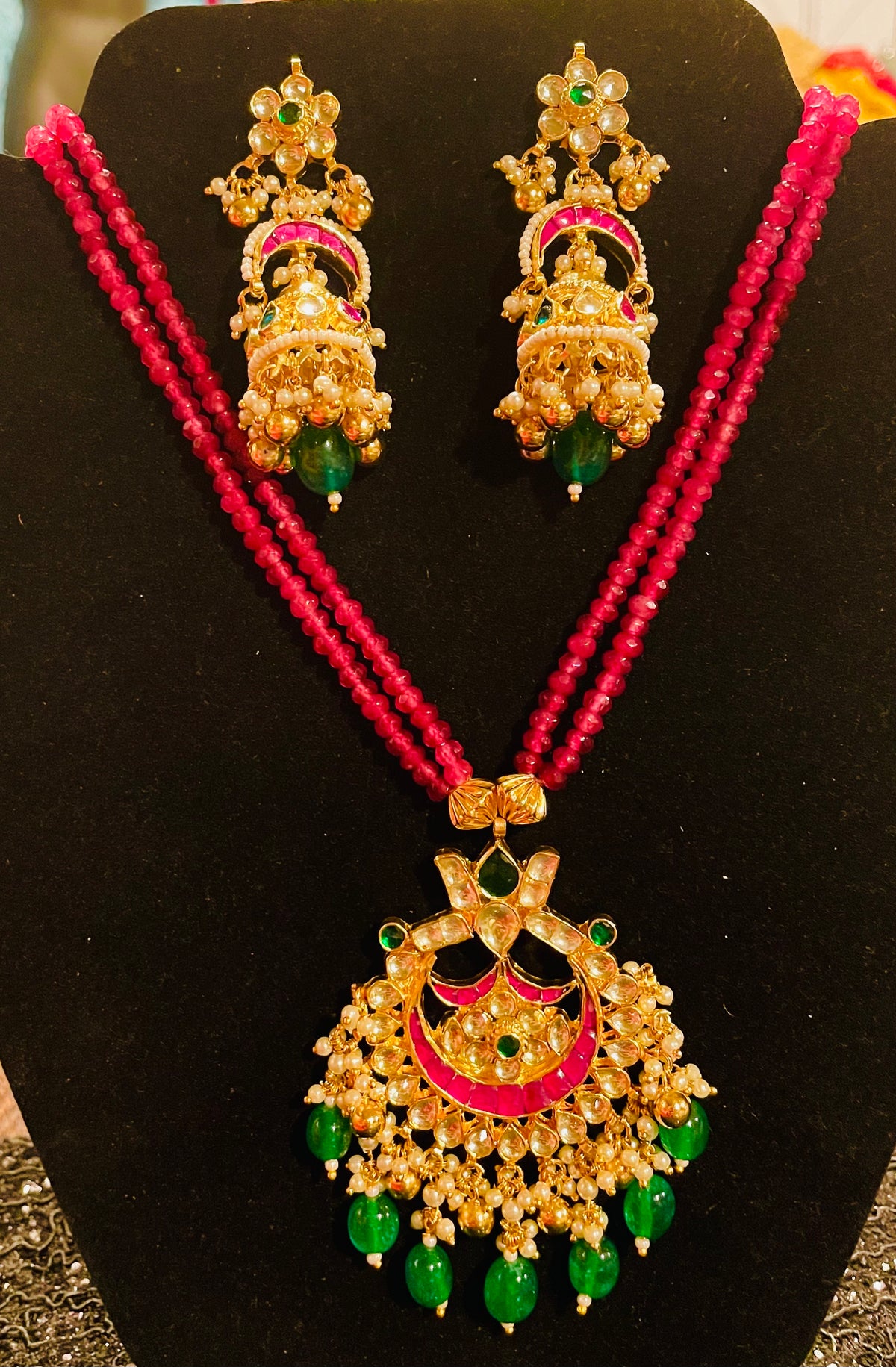 STN18-Pure Ruby Beads with Pachi Kundan Necklace &amp; Earrings