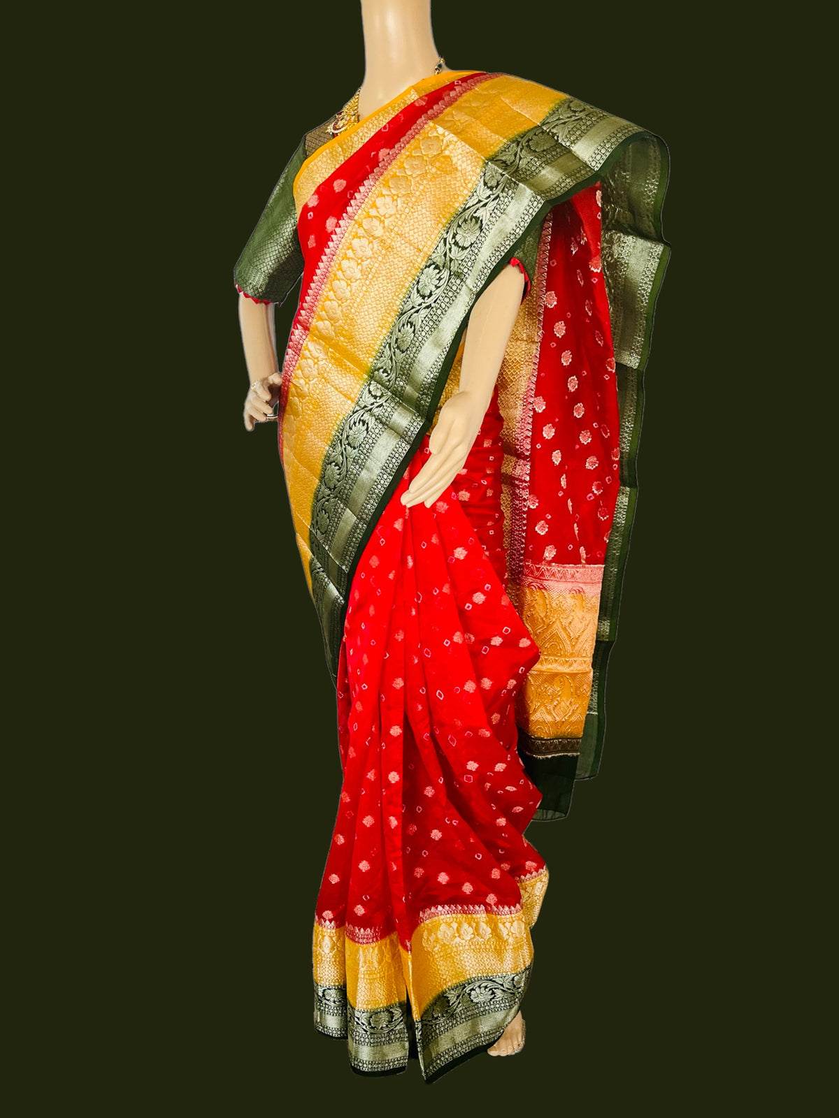 STS-04 Pure Soft  Semi Banarasi Saree with Bandhani Print , Self Weaving &amp; Kanchi Border along with stitched Blouse