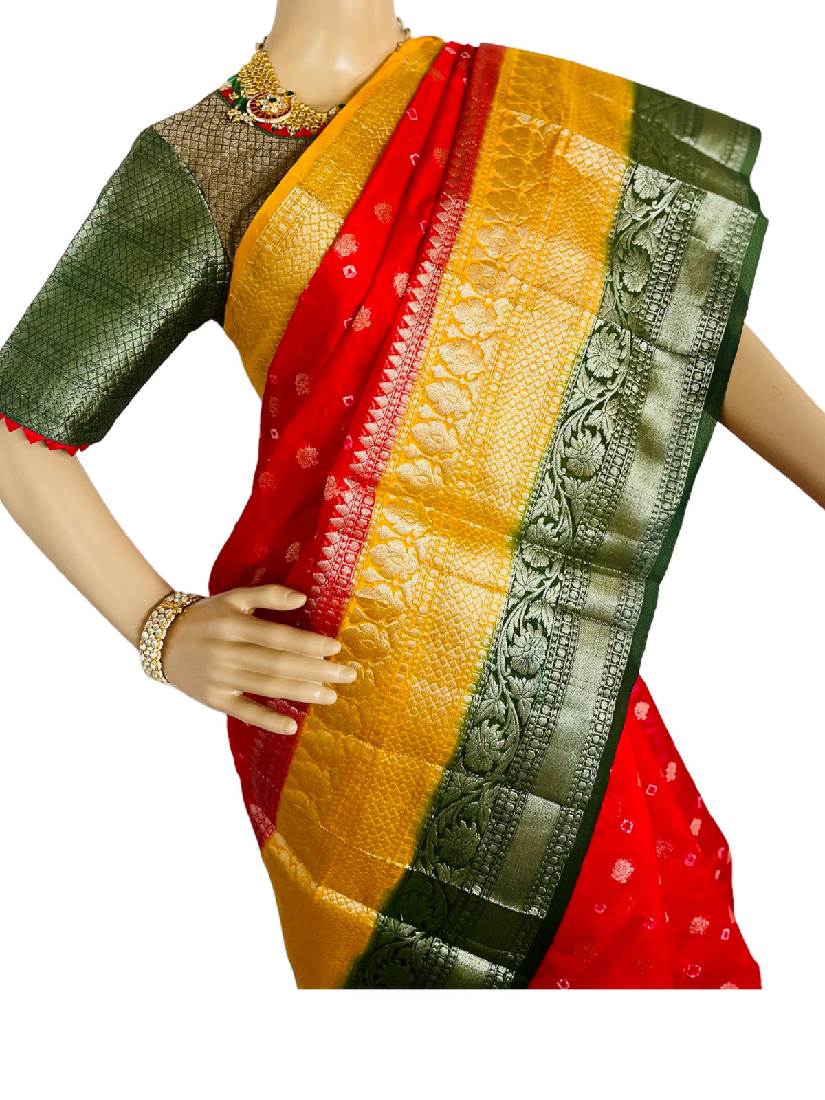 STS-04 Pure Soft  Semi Banarasi Saree with Bandhani Print , Self Weaving &amp; Kanchi Border along with stitched Blouse