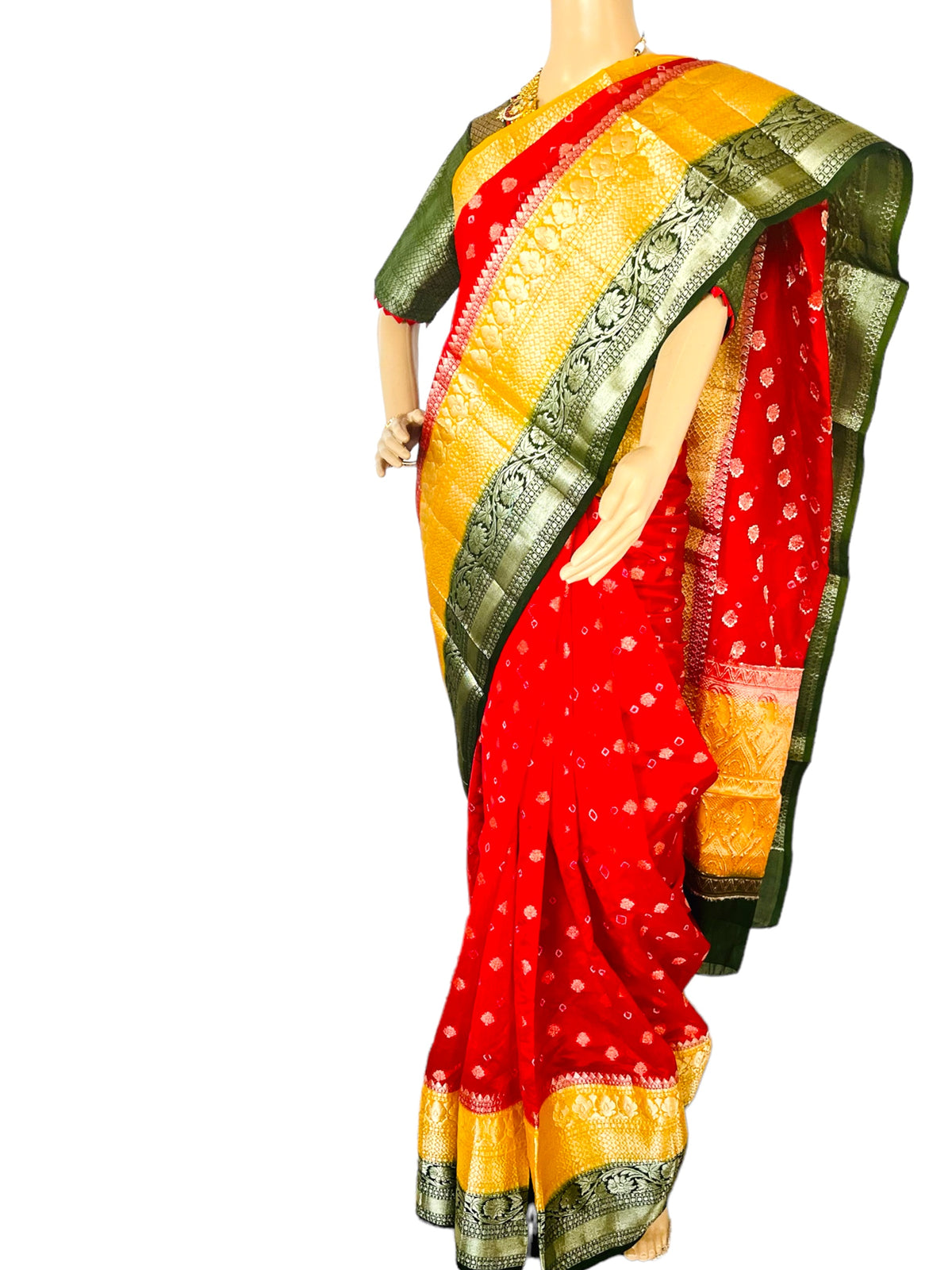 STS-04 Pure Soft  Semi Banarasi Saree with Bandhani Print , Self Weaving &amp; Kanchi Border along with stitched Blouse